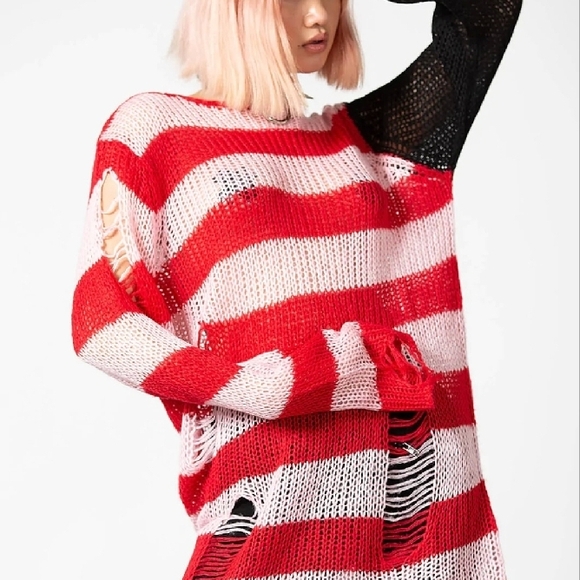 Killstar Sweaters - Killstar Red and Pink Striped Sweater